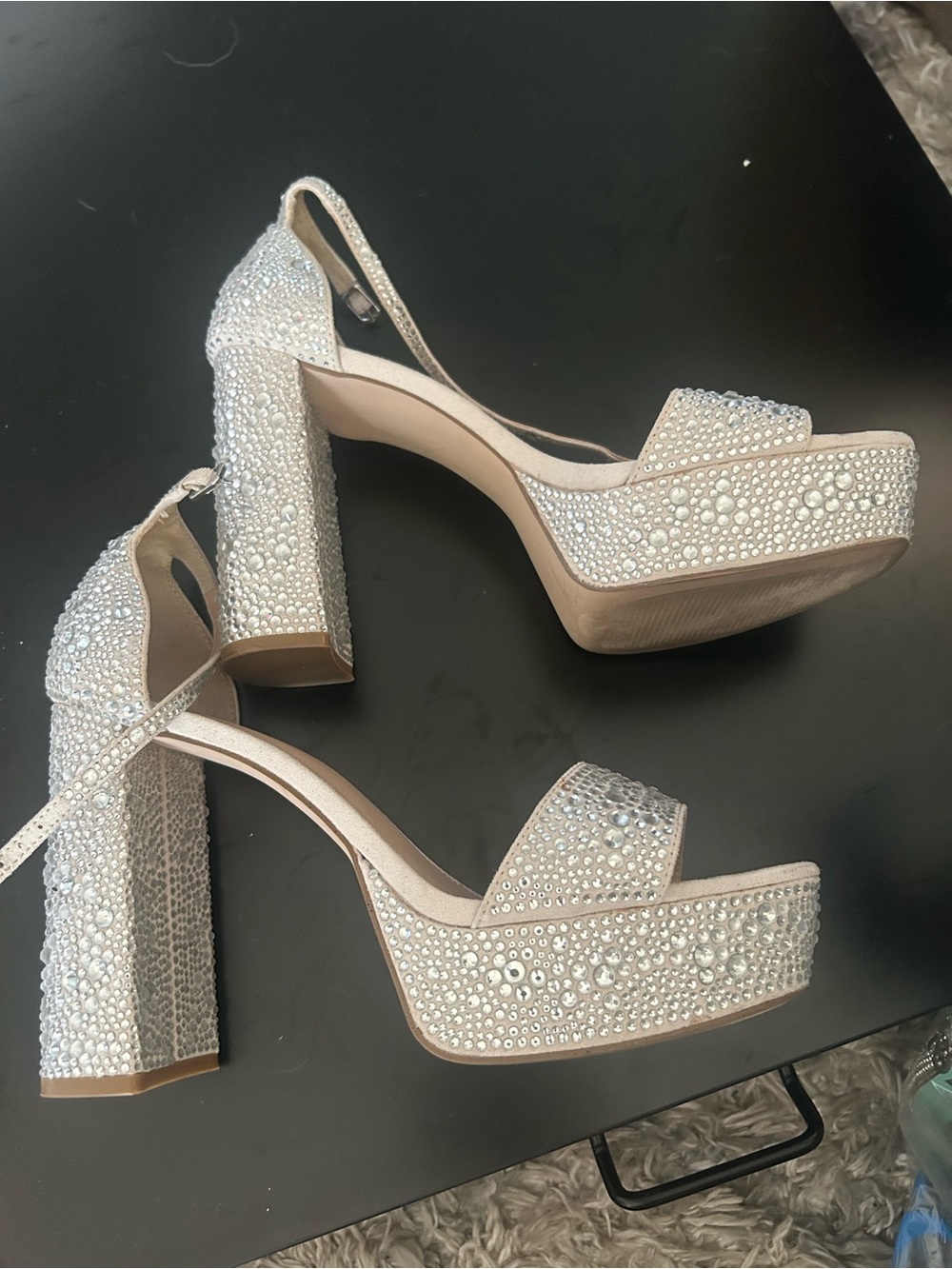Madden Girl Crystal Embellished Platform Block Heel Sandals - Champagne
